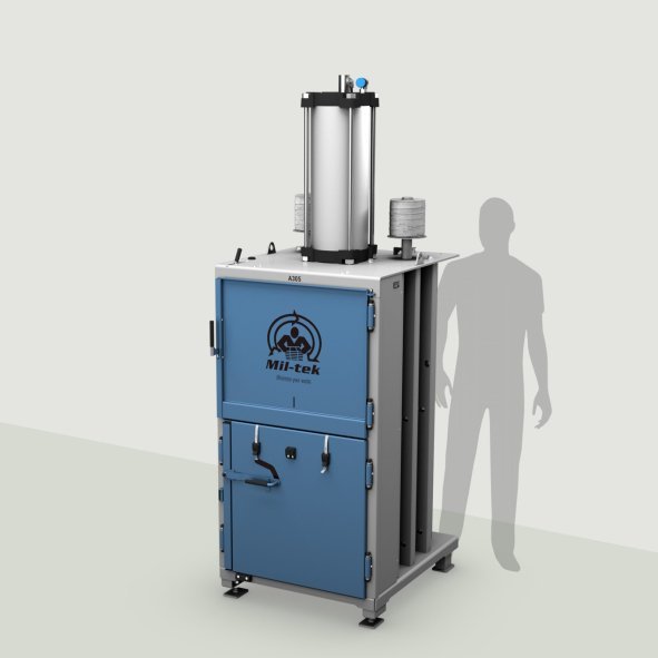 A305-2026-Kartonpresse-Kunststoffpresse-blau-Maschine-grauer-Hintergrund-Mil-tek-Austria