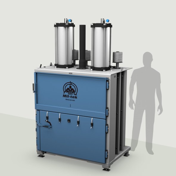 A509-2026-Kartonpresse-Kunststoffpresse-blau-Maschine-grauer-Hintergrund-Mil-tek-Austria